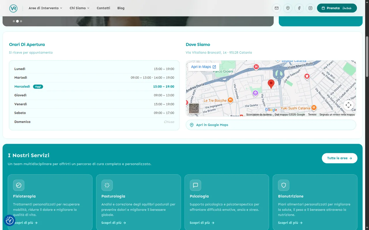 Services and location section of the Clinica VR Catania site