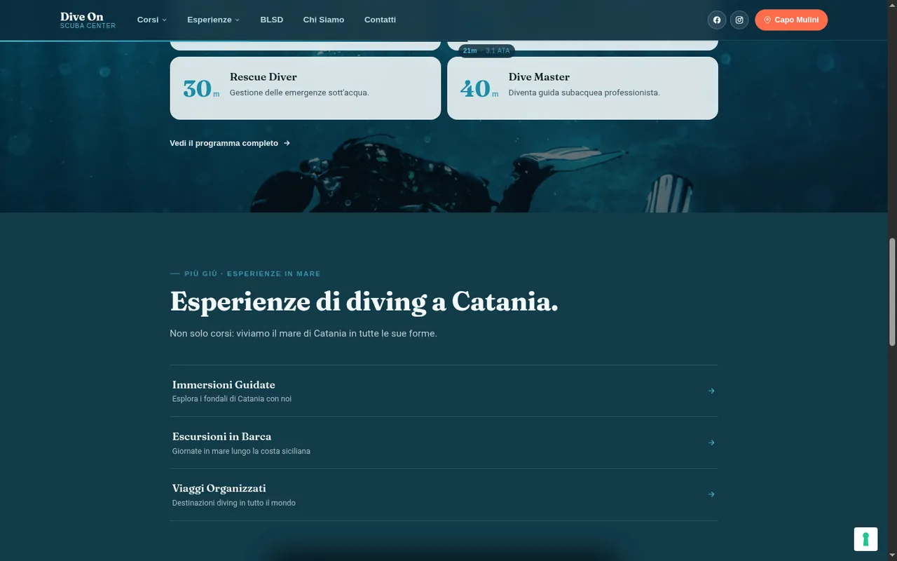 Dive On courses section with the 21m · 3.1 ATA depth indicator and the Rescue Diver 30m, Dive Master 40m course cards