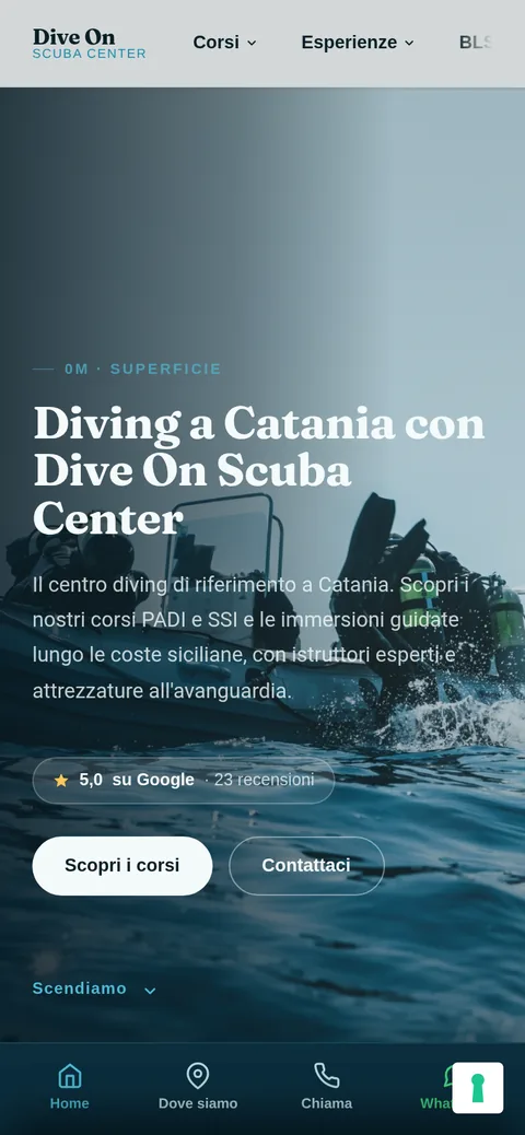 Mobile view of the Dive On Scuba Center site, with pill header and app-style bottom bar