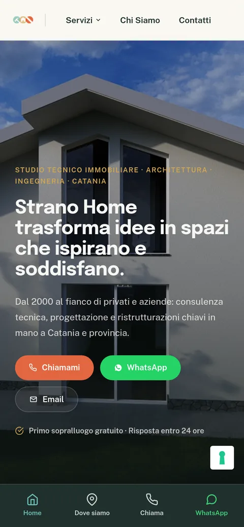 Mobile view of the Strano Home site, with pill header and app-style bottom bar
